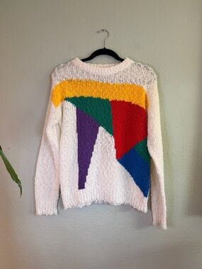 Vintage 80s Cherry Stix Geometric Colorful Loose Knit Red Lightweight Sweater L